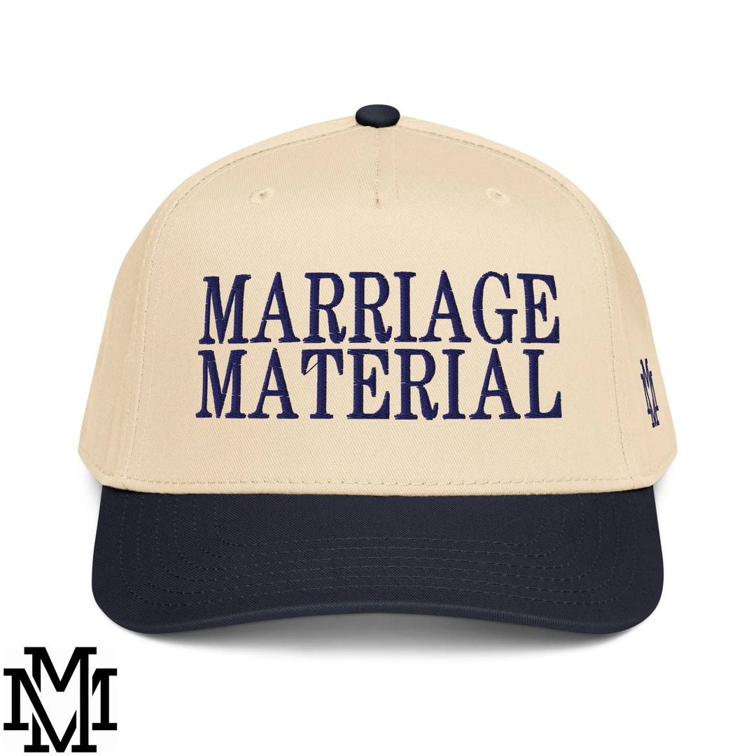 Marriage Material Embroidered Baseball Snapback Hat - Navy Natural