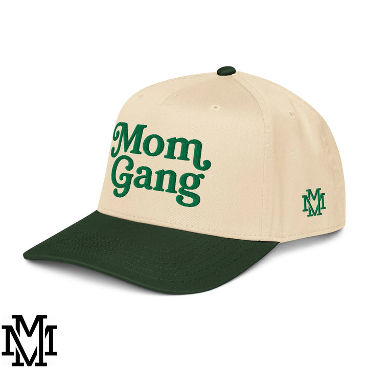 Mom Gang Embroidered Baseball Snapback Hat - Dark Green Natural