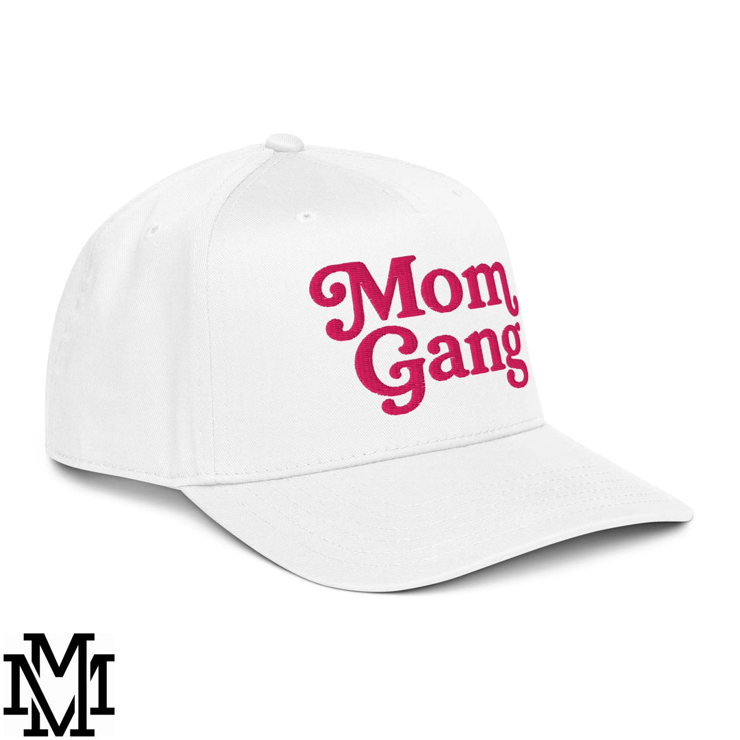 Mom Gang Embroidered Baseball Snapback Hat - White