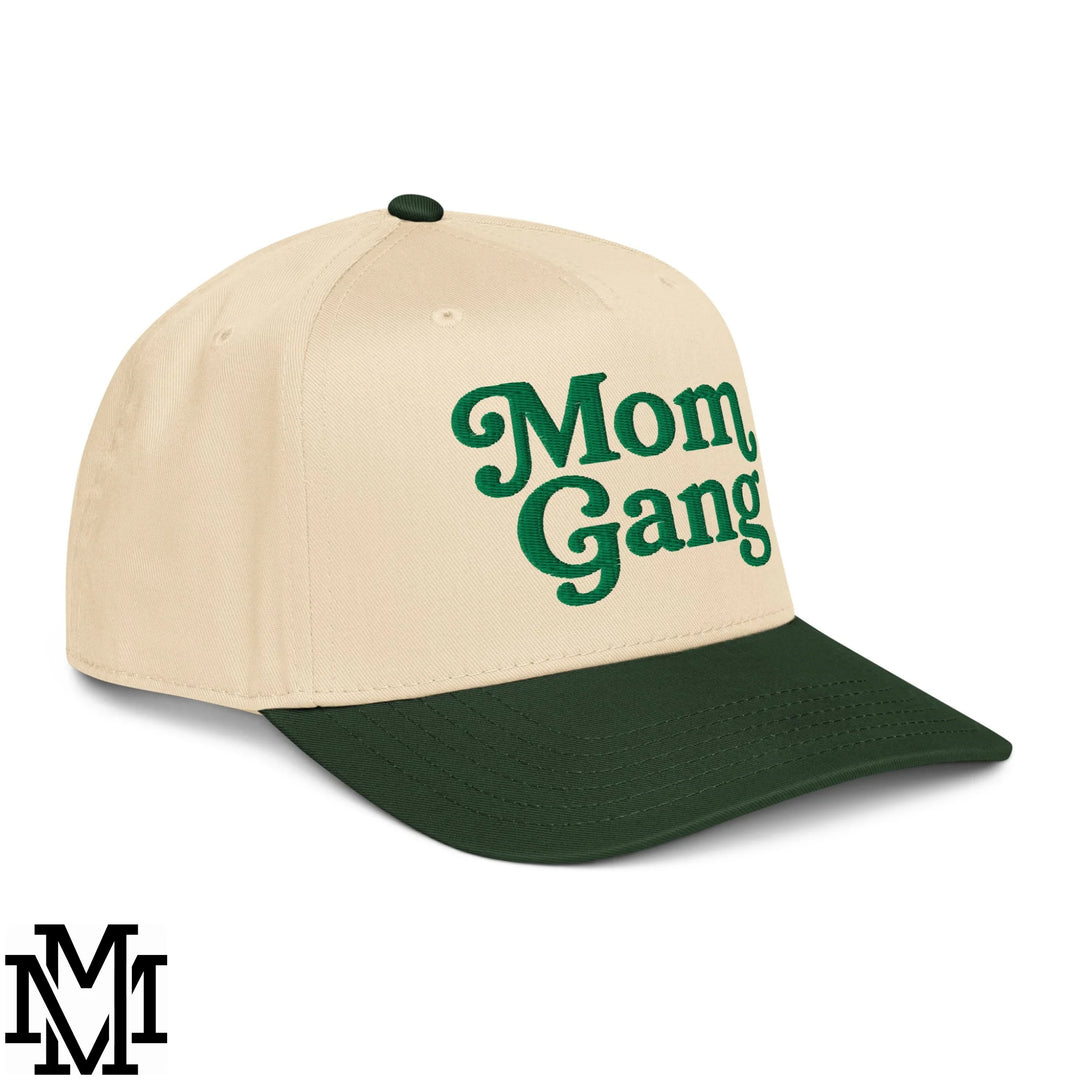 Mom Gang Embroidered Baseball Snapback Hat - Dark Green Natural