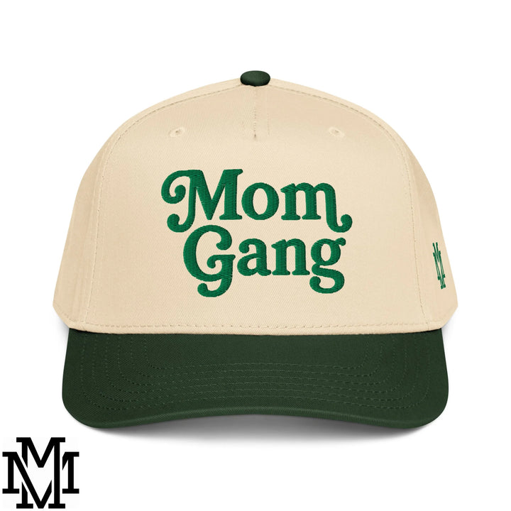 Mom Gang Embroidered Baseball Snapback Hat - Dark Green Natural