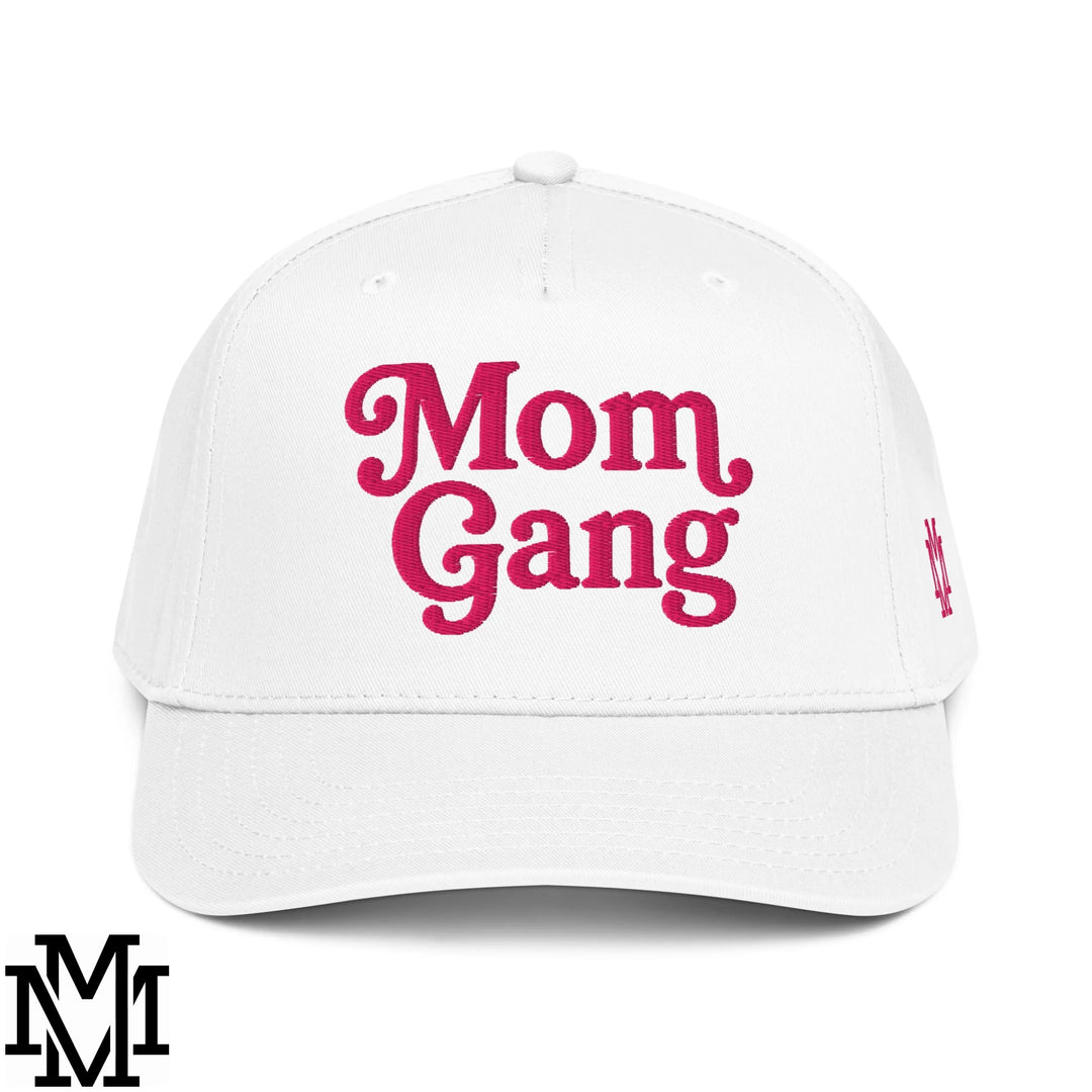 Mom Gang Embroidered Baseball Snapback Hat - White