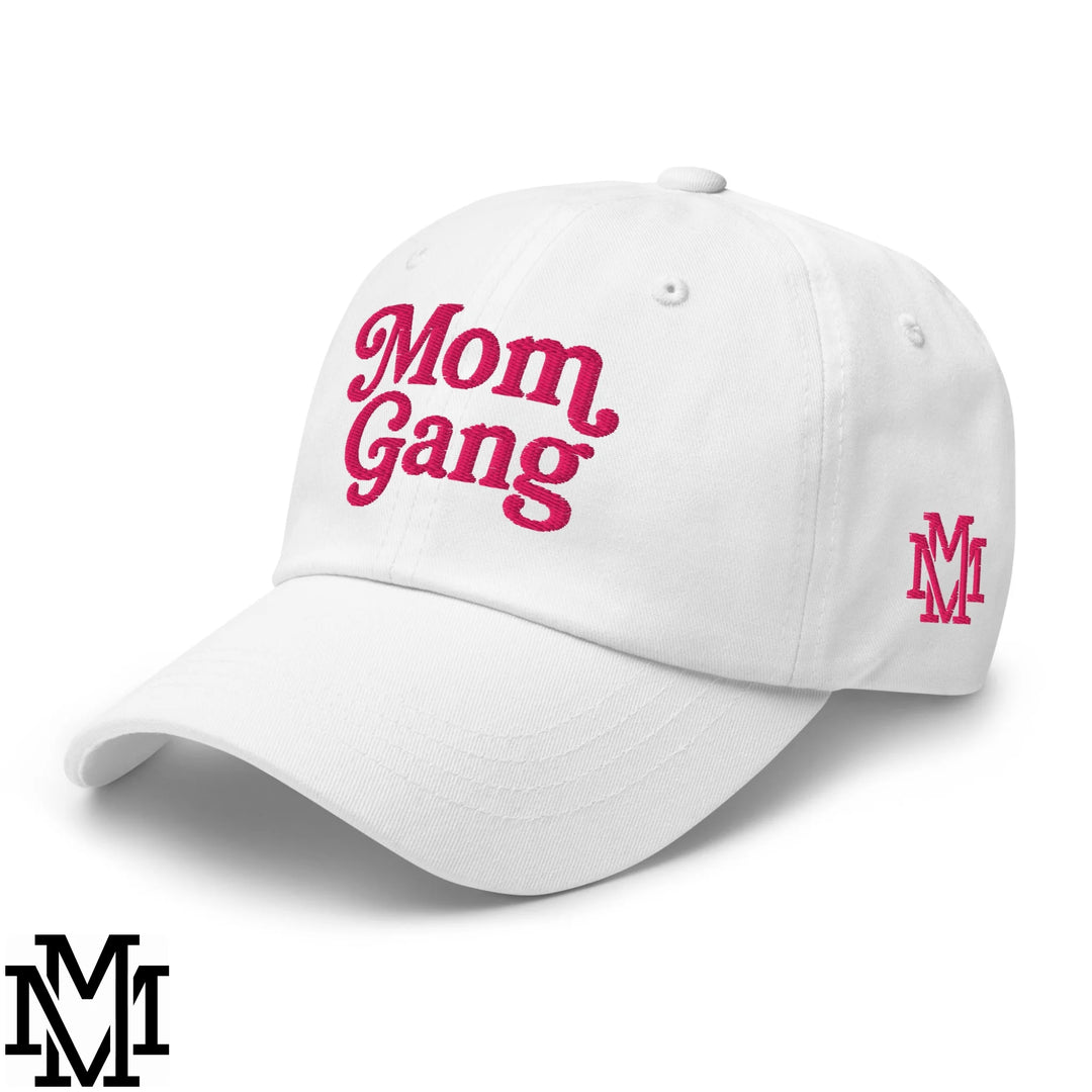Mom Gang Embroidered Unstructured Dad Hat - White