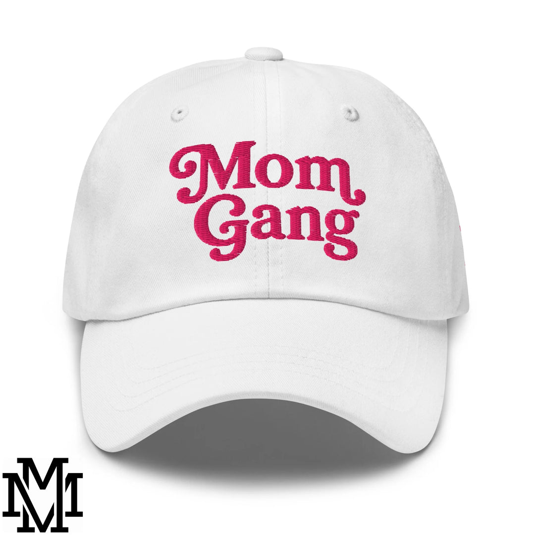 Mom Gang Embroidered Unstructured Dad Hat - White