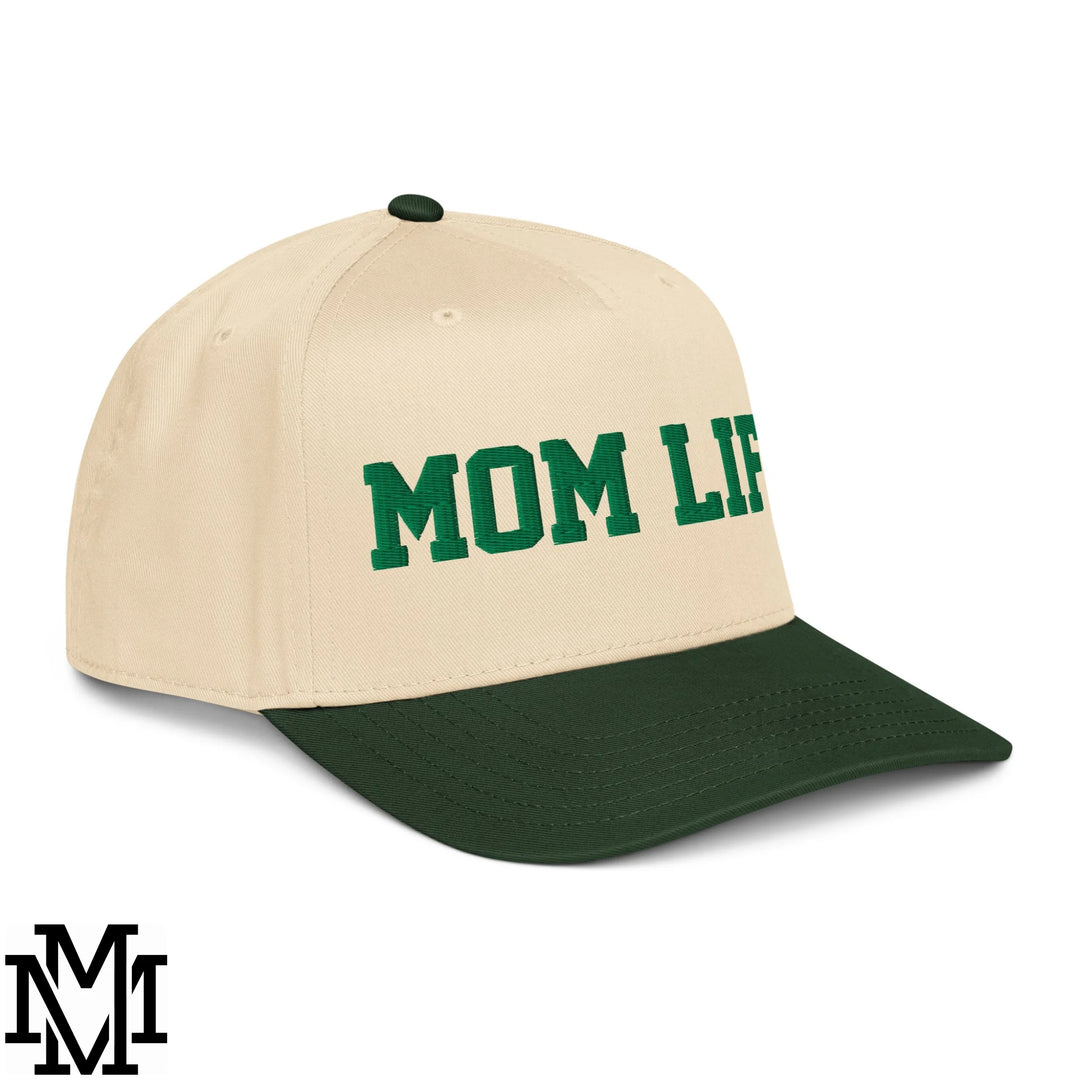 Mom Life Embroidered Baseball Snapback Hat - Dark Green Natural