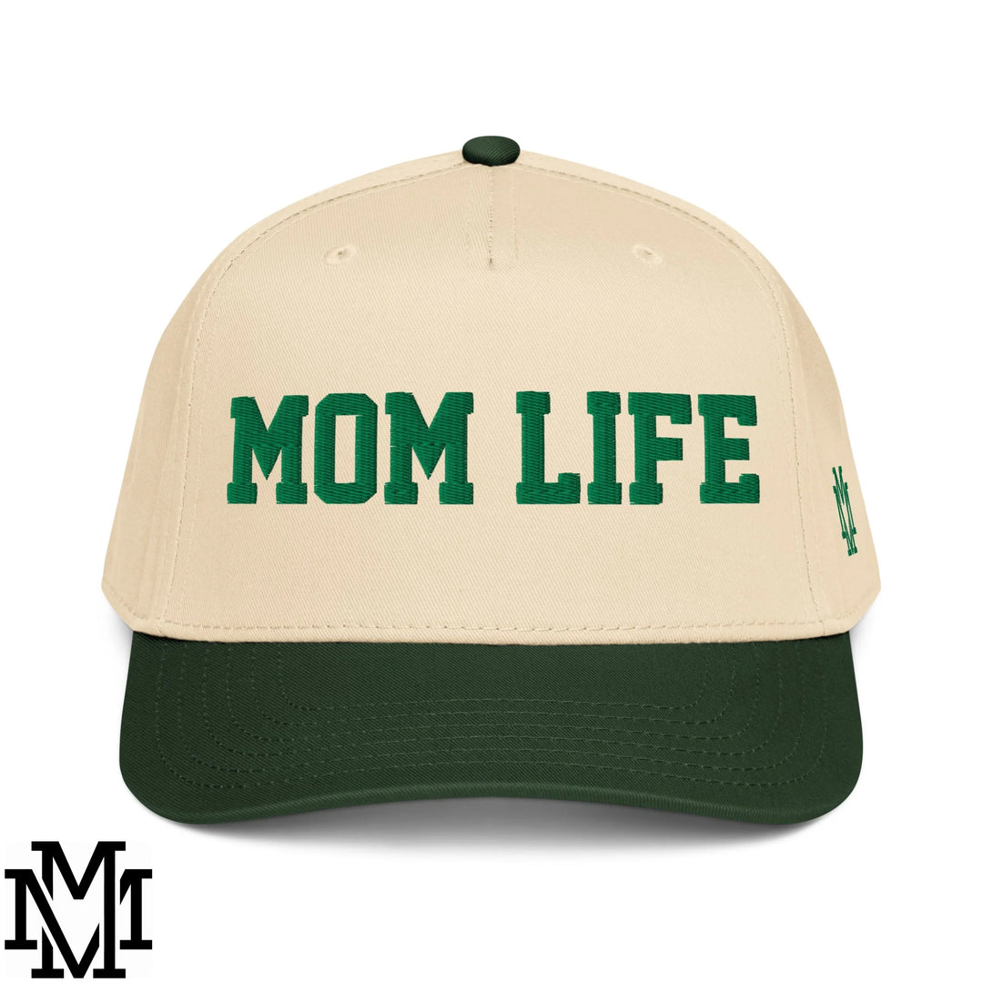 Mom Life Embroidered Baseball Snapback Hat - Dark Green Natural