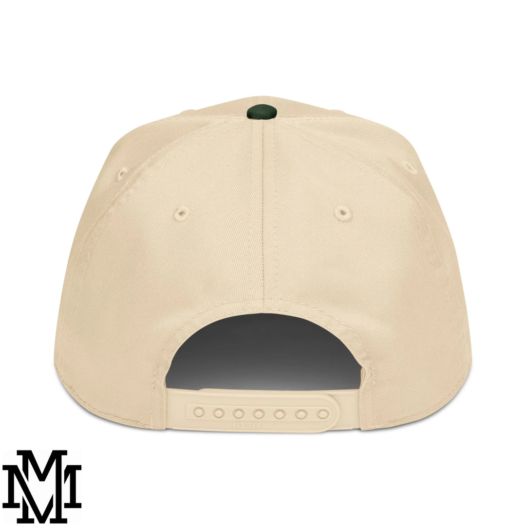 Beige nana embroidered baseball snapback hat with dark green button and adjustable strap shown from the back