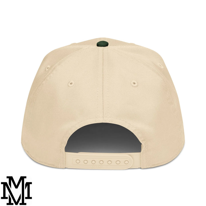 Beige nana embroidered baseball snapback hat with dark green button and adjustable strap shown from the back