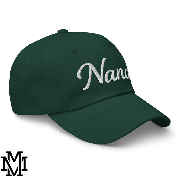 Dark green unstructured dad hat with white embroidered cursive nana on the front made of soft fabric