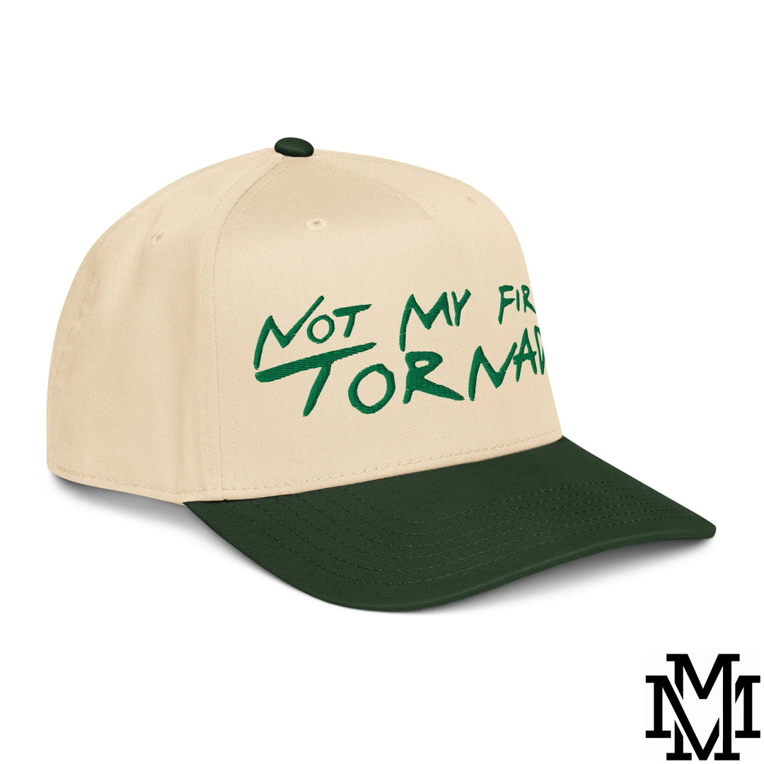 Not My First Tornado Embroidered Baseball Snapback Hat - Dark Green Natural
