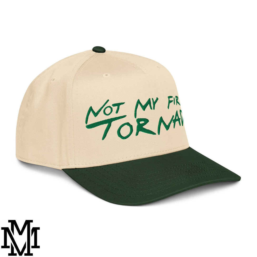 Not My First Tornado Embroidered Baseball Snapback Hat - Dark Green Natural