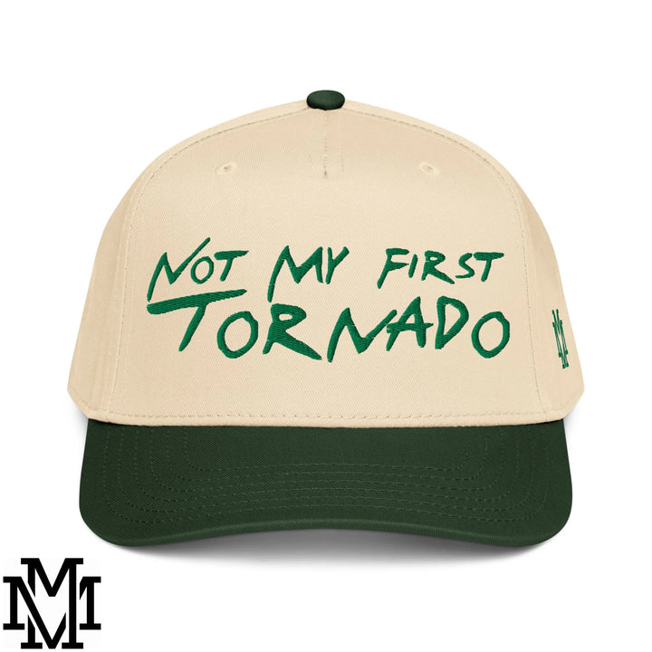 Not My First Tornado Embroidered Baseball Snapback Hat - Dark Green Natural