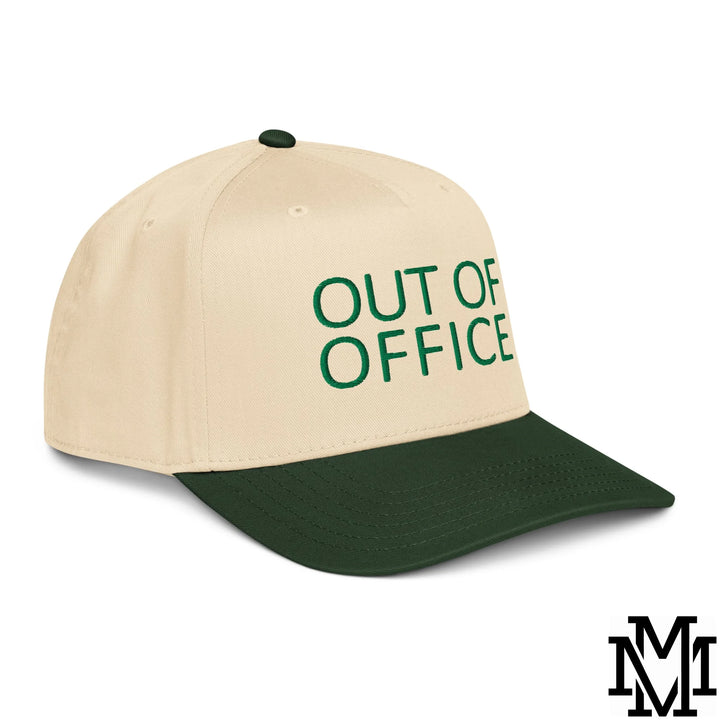Out of Office Embroidered Baseball Snapback Hat - Dark Green Natural