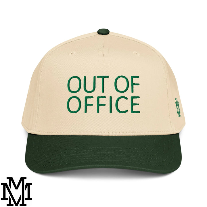 Out of Office Embroidered Baseball Snapback Hat - Dark Green Natural