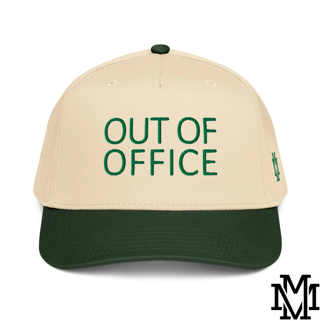Out of Office Embroidered Baseball Snapback Hat - Dark Green Natural