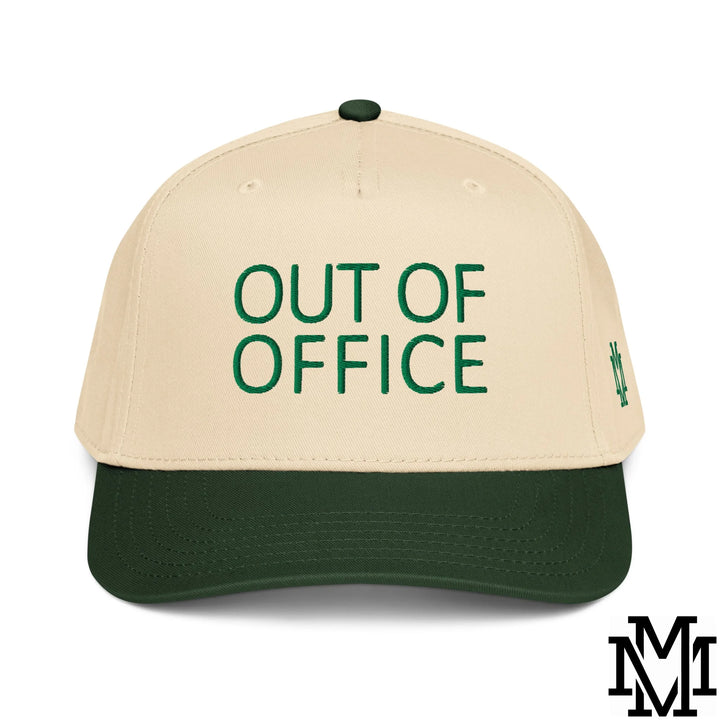 Out of Office Embroidered Baseball Snapback Hat - Dark Green Natural