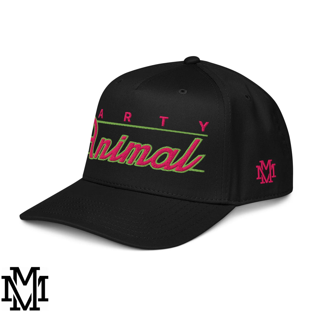 Party Animal Embroidered Baseball Snapback Hat - Black