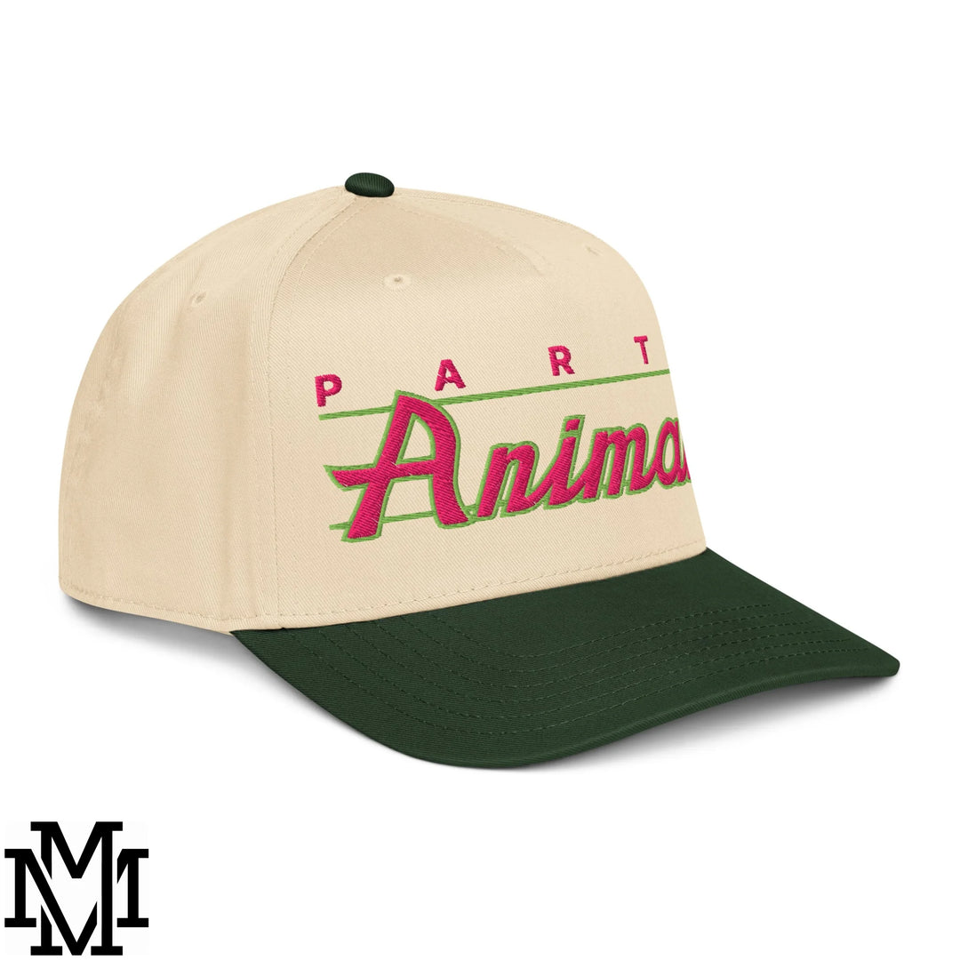 Party Animal Embroidered Baseball Snapback Hat - Dark Green Natural