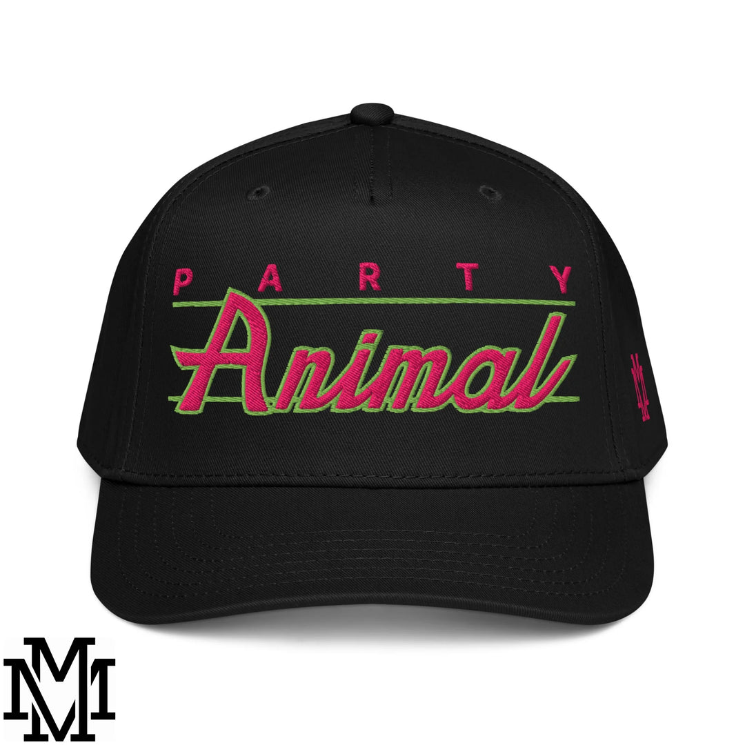 Party Animal Embroidered Baseball Snapback Hat - Black