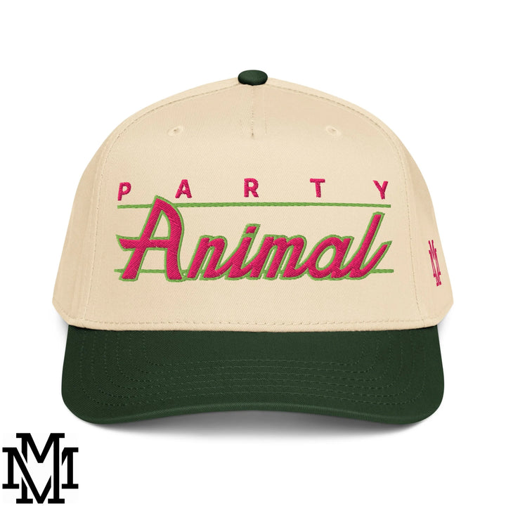 Party Animal Embroidered Baseball Snapback Hat - Dark Green Natural