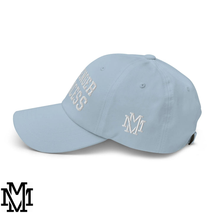 Light blue passenger princess embroidered unstructured dad hat with white text and logo on the front