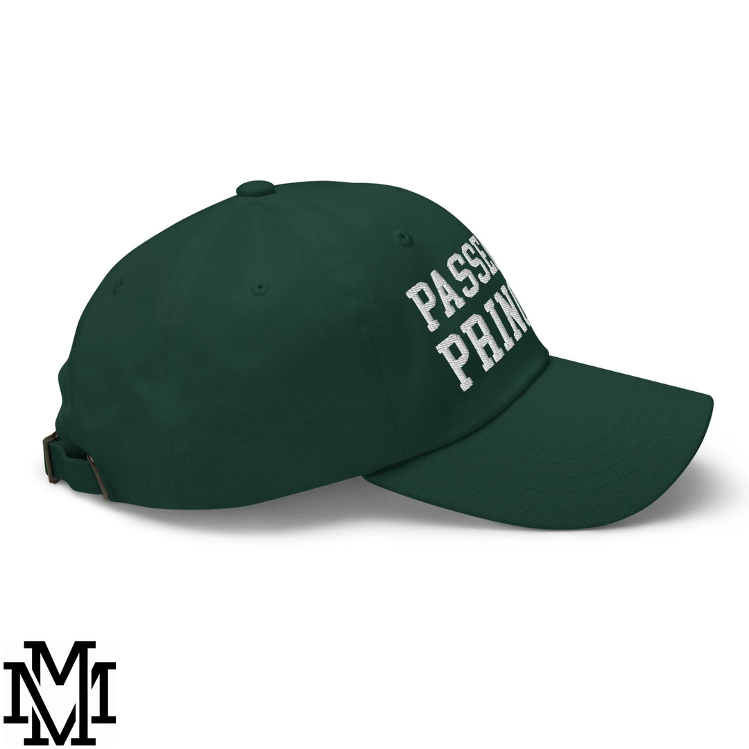 Dark green unstructured dad hat with white embroidered passer prince text on front for casual wear
