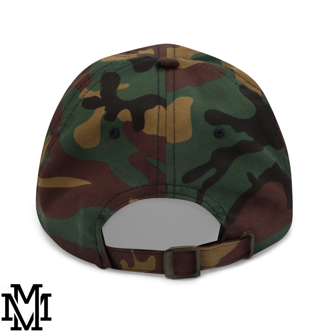 Passenger princess embroidered unstructured dad hat with green brown and tan camouflage pattern and cotton fabric