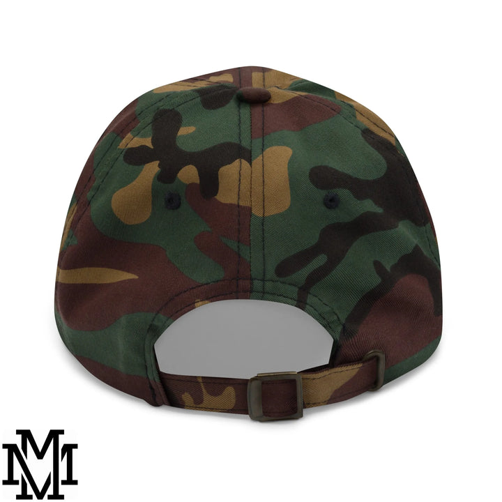 Passenger princess embroidered unstructured dad hat with green brown and tan camouflage pattern and cotton fabric