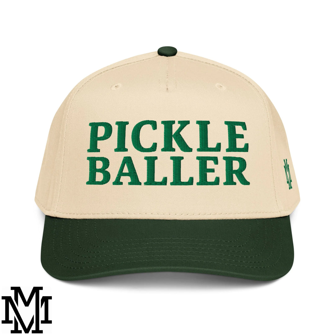 Pickle Baller Embroidered Baseball Snapback Hat - Dark Green Natural
