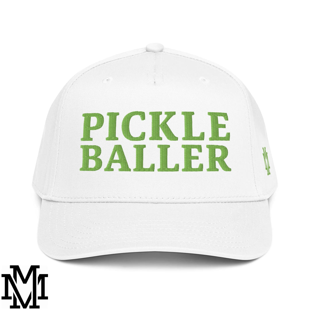 Pickle Baller Embroidered Baseball Snapback Hat - White