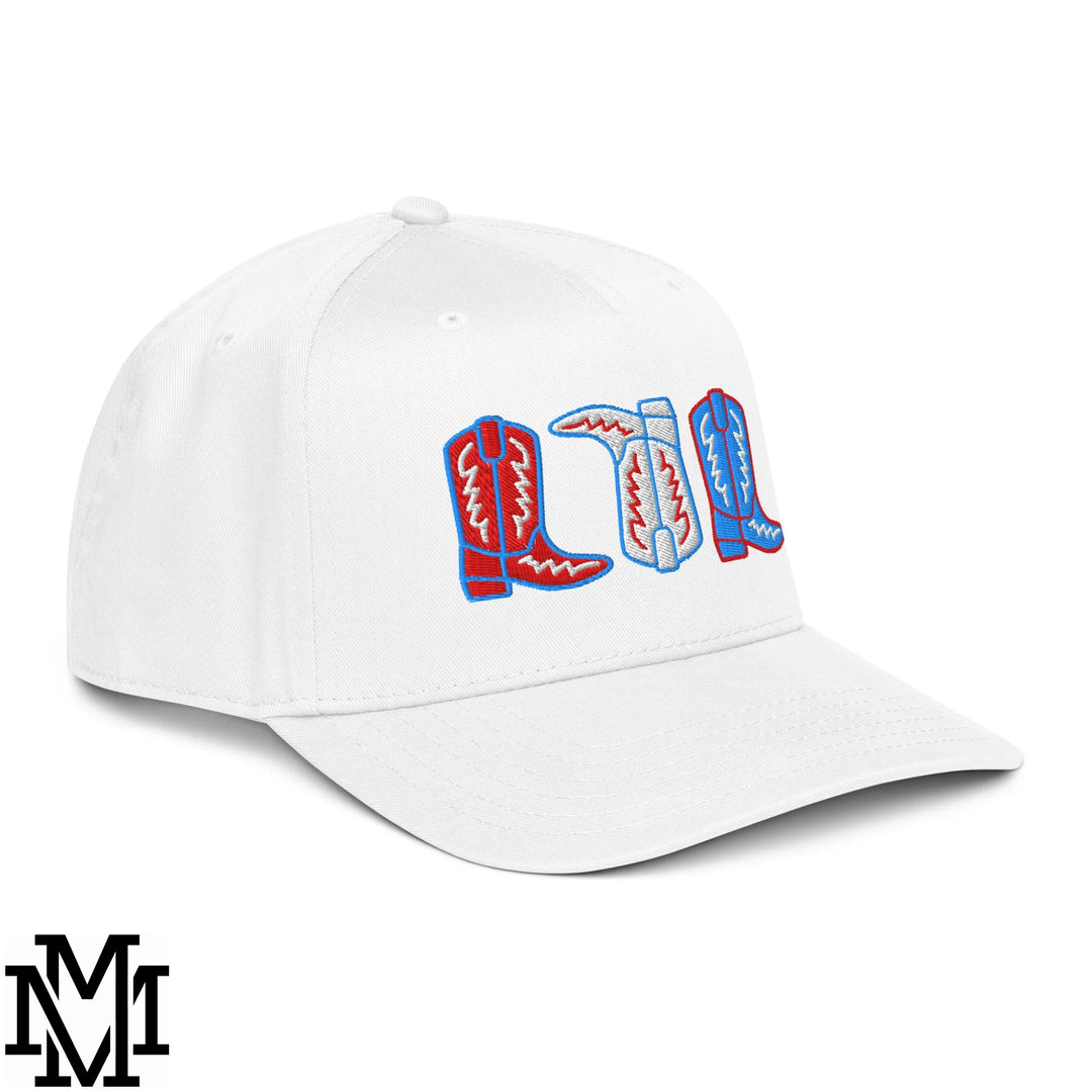 Red, White, and Boot 4th of July Embroidered Baseball Snapback Hat - White