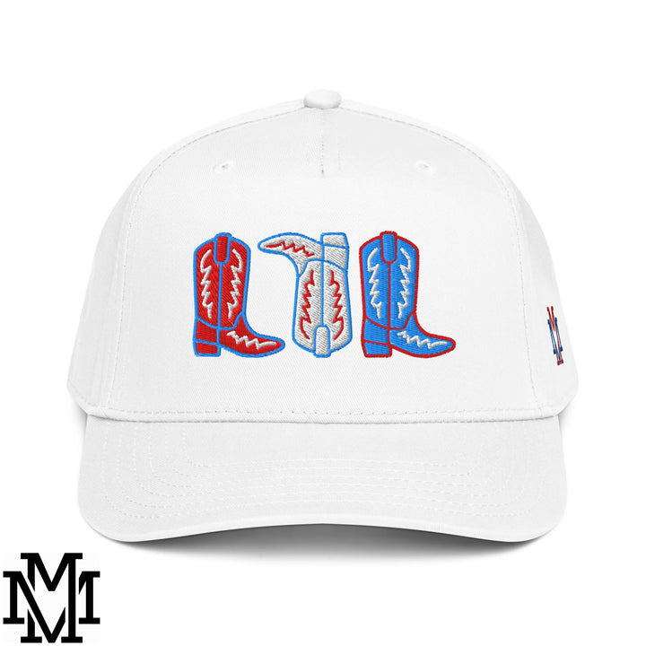 Red, White, and Boot 4th of July Embroidered Baseball Snapback Hat - White