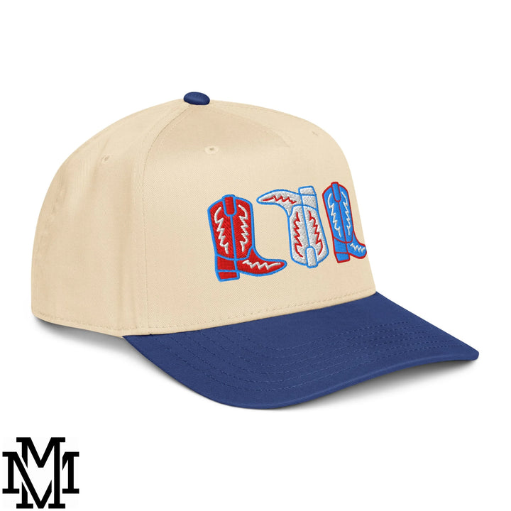 Red, White, and Boot 4th of July Embroidered Baseball Snapback Hat - Royal Natural
