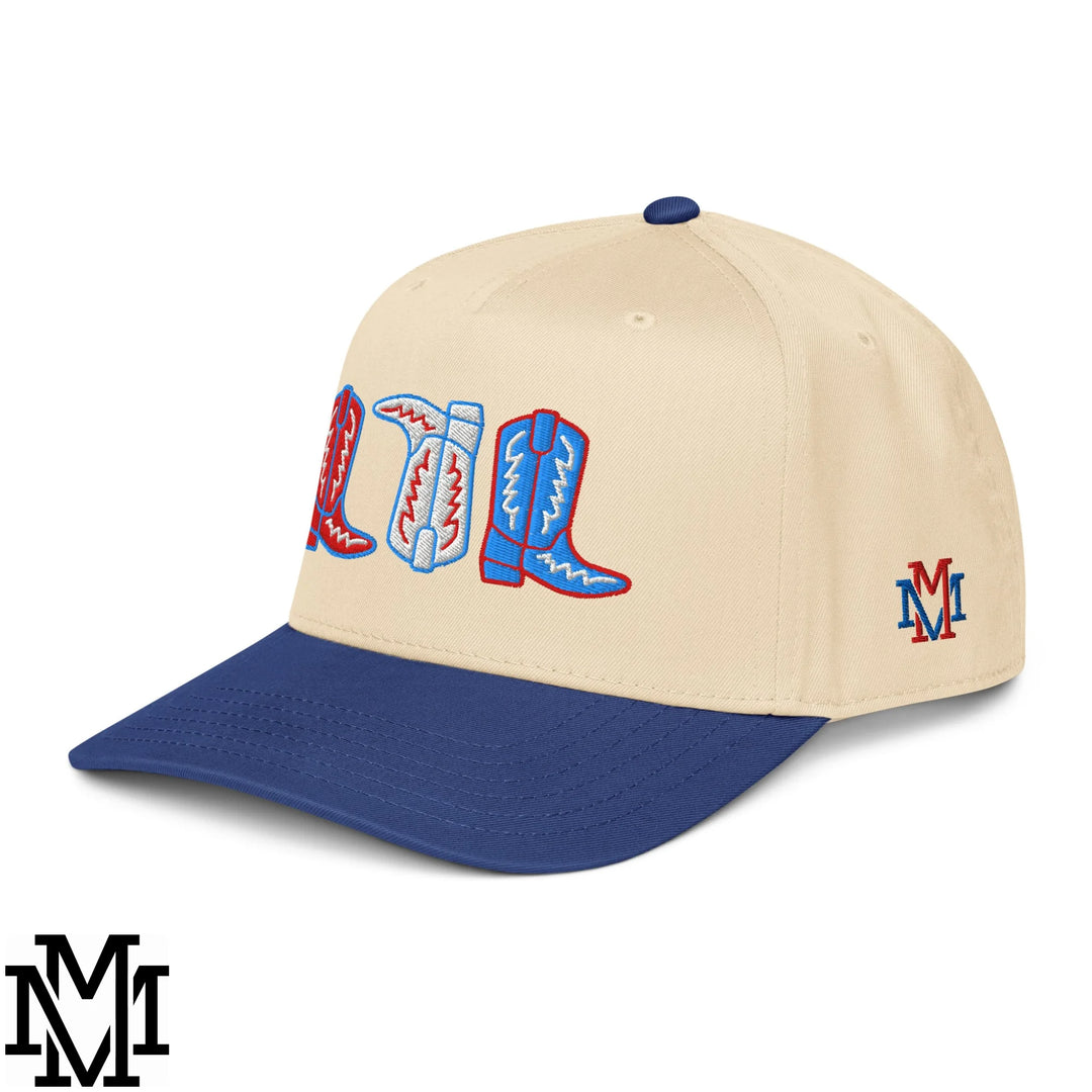 Red, White, and Boot 4th of July Embroidered Baseball Snapback Hat - Royal Natural