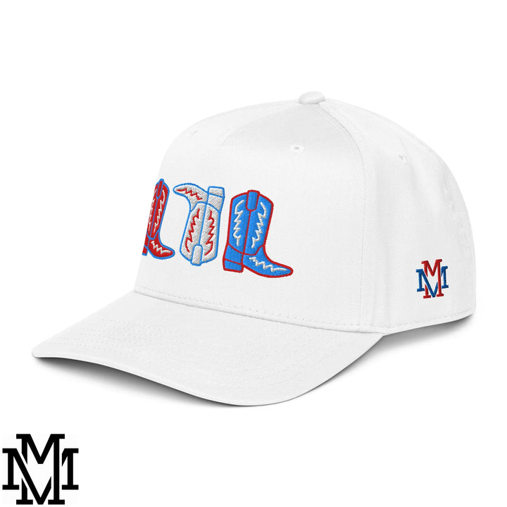 Red, White, and Boot 4th of July Embroidered Baseball Snapback Hat - White
