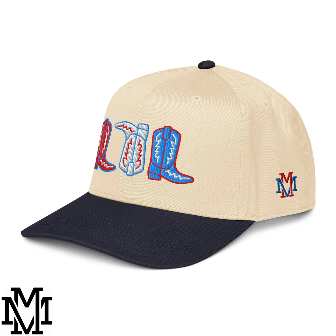 Red, White, and Boot 4th of July Embroidered Baseball Snapback Hat - Navy Natural