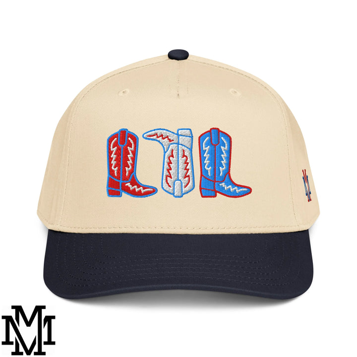 Red, White, and Boot 4th of July Embroidered Baseball Snapback Hat - Navy Natural