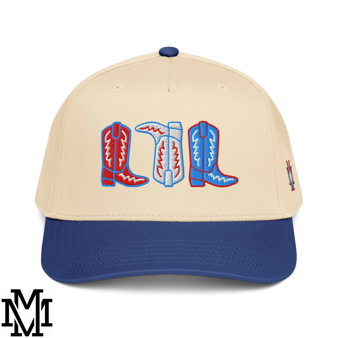 Red, White, and Boot 4th of July Embroidered Baseball Snapback Hat - Royal Natural