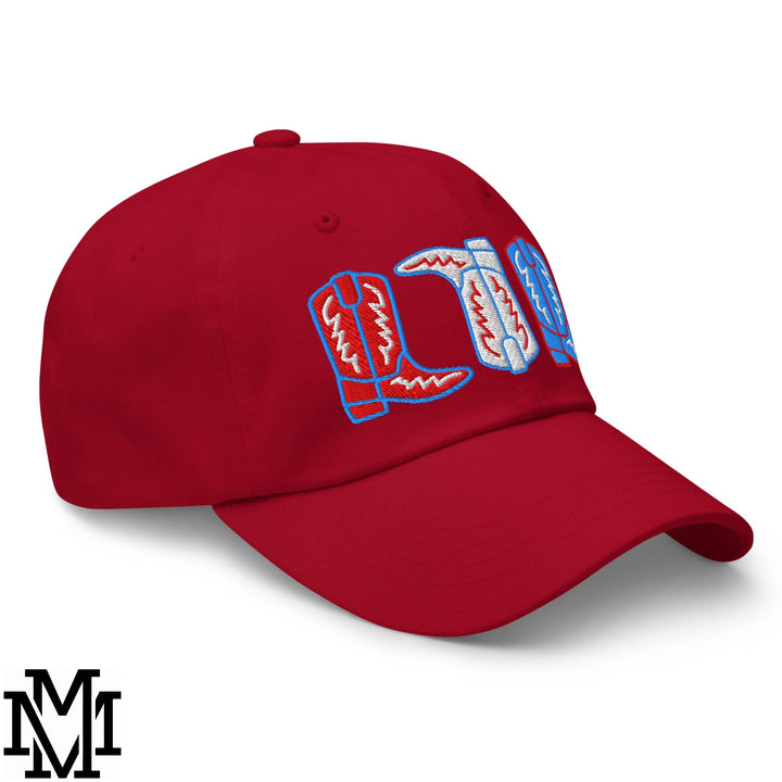 Red, White, and Boot 4th of July Embroidered Unstructured Dad Hat - Cranberry