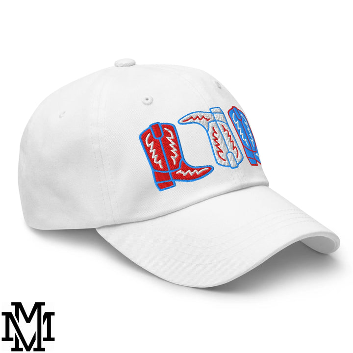 Red, White, and Boot 4th of July Embroidered Unstructured Dad Hat - White
