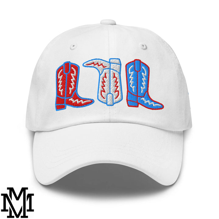 Red, White, and Boot 4th of July Embroidered Unstructured Dad Hat - White