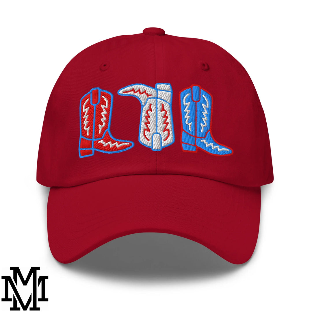Red, White, and Boot 4th of July Embroidered Unstructured Dad Hat - Cranberry