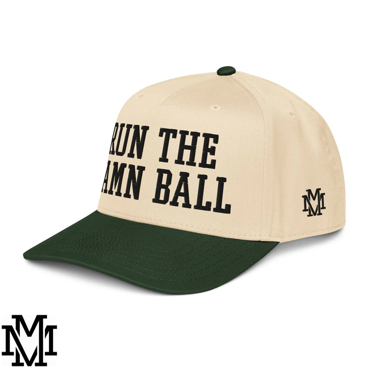 Run The Damn Ball Embroidered Baseball Snapback Hat - Dark Green Natural