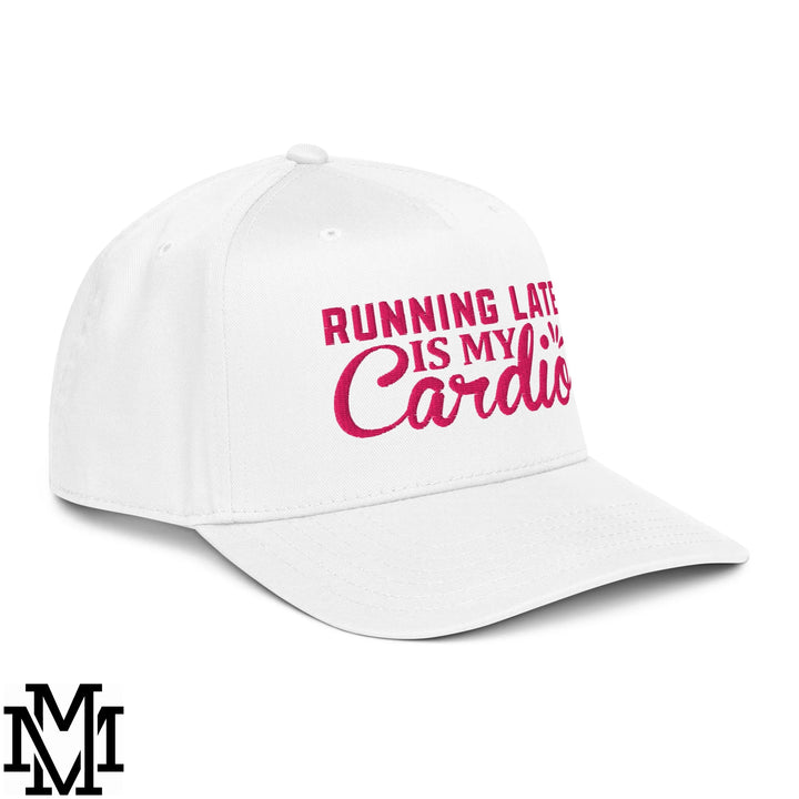White cotton baseball snapback hat with pink embroidered text reading running late is my cardio for casual wear