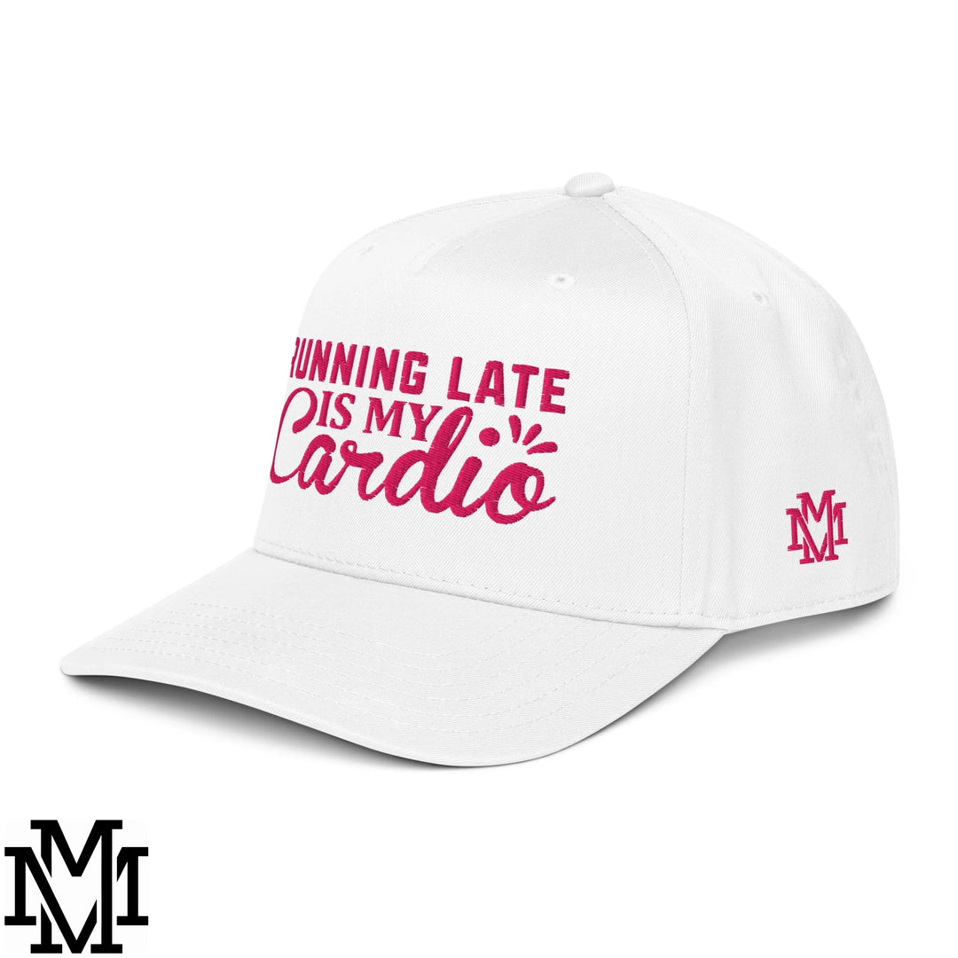 White baseball snapback hat with pink embroidered running late is my cardio text and matching logo on the side