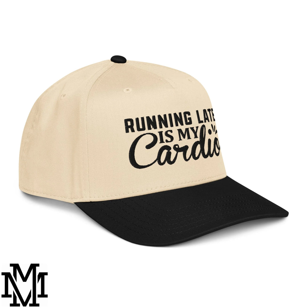 Beige and black baseball snapback hat with running late is my cardio embroidered in bold black lettering