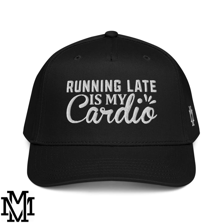 Black baseball snapback hat with white embroidered running late is my cardio text in a stylized font
