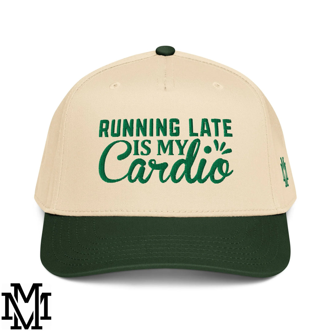 Beige and dark green baseball snapback hat with embroidered running late is my cardio text in playful script font