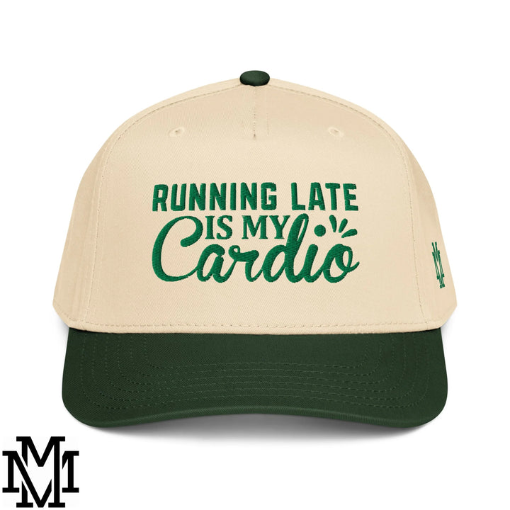 Beige and dark green baseball snapback hat with embroidered running late is my cardio text in playful script font