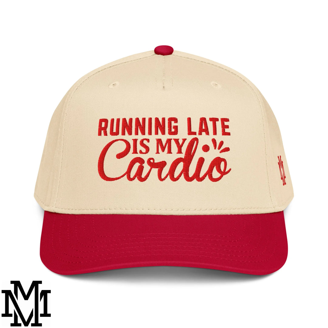 Beige and red snapback baseball cap with embroidered bold red running late is my cardio text on front